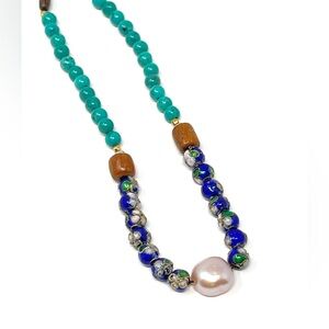 New Anthropologie Cloissone Beaded Stone Turquoise Pearl Necklace